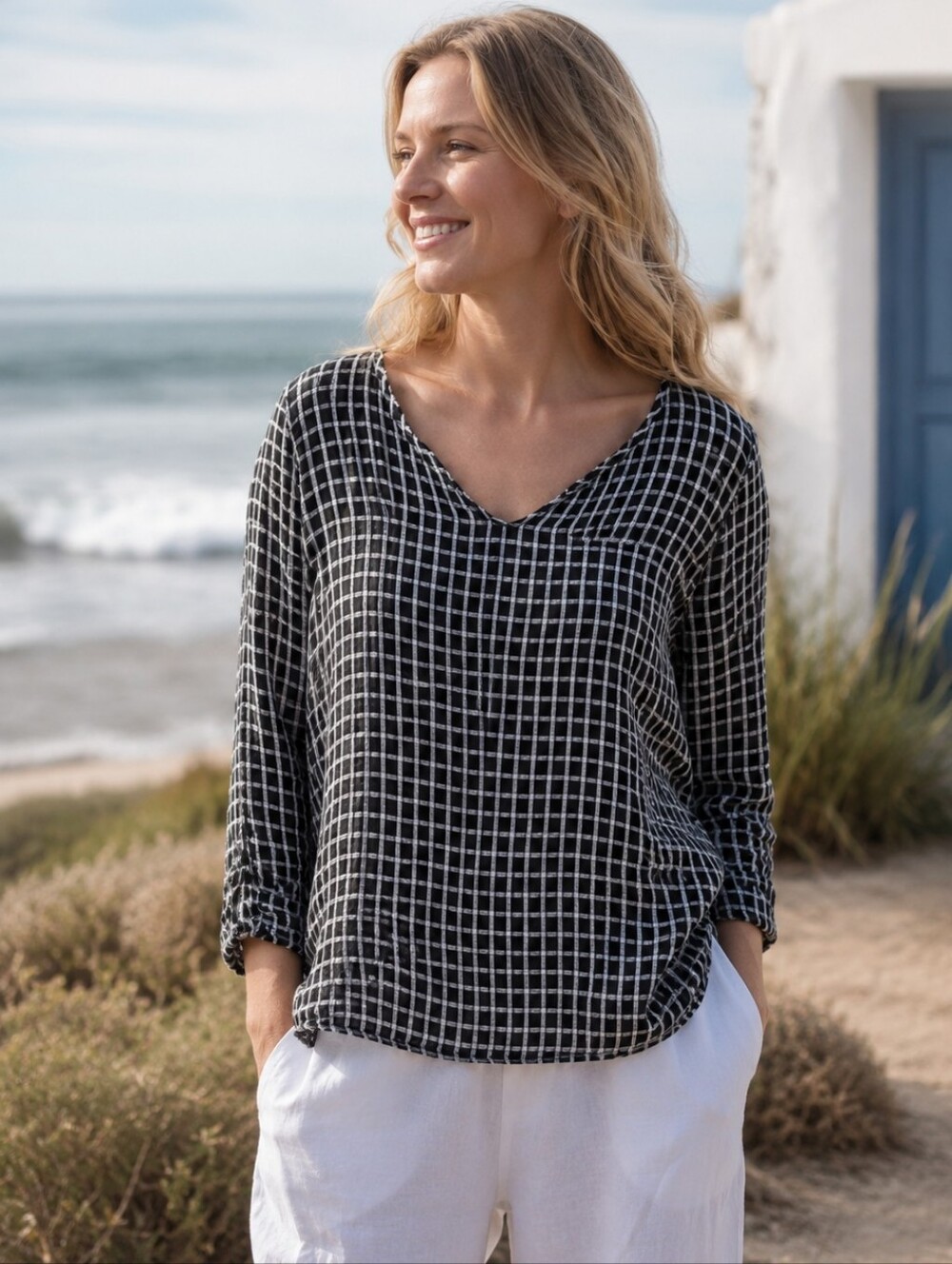 FLAX 100% Linen Top Women’s Medium Black White Check Lagenlook Coastal Relaxed